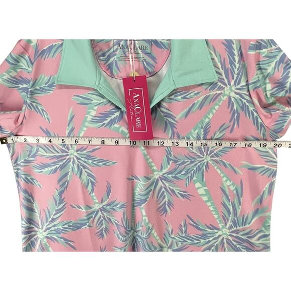Ana Clare Active Top Womens L Pink Paradise Palm Print UPF 50 Polo Shirt Golf - Picture 4 of 10